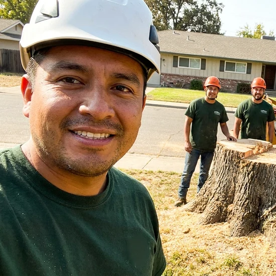 Smiling AAA Tree Experts crew selfie after removing a large oak in Johns Creek