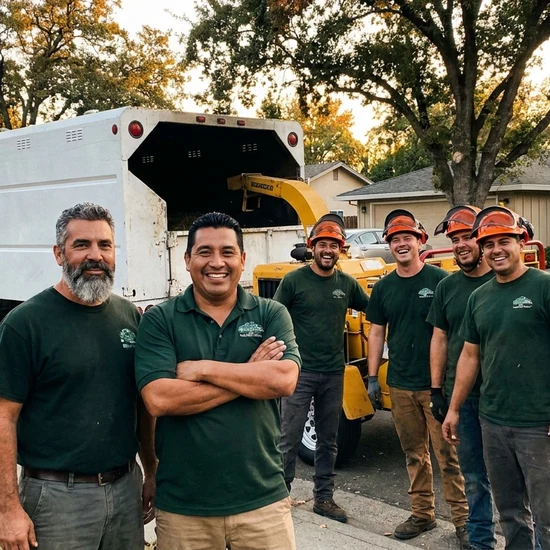 Tree service owner and crew with chip truck on a Johns Creek street